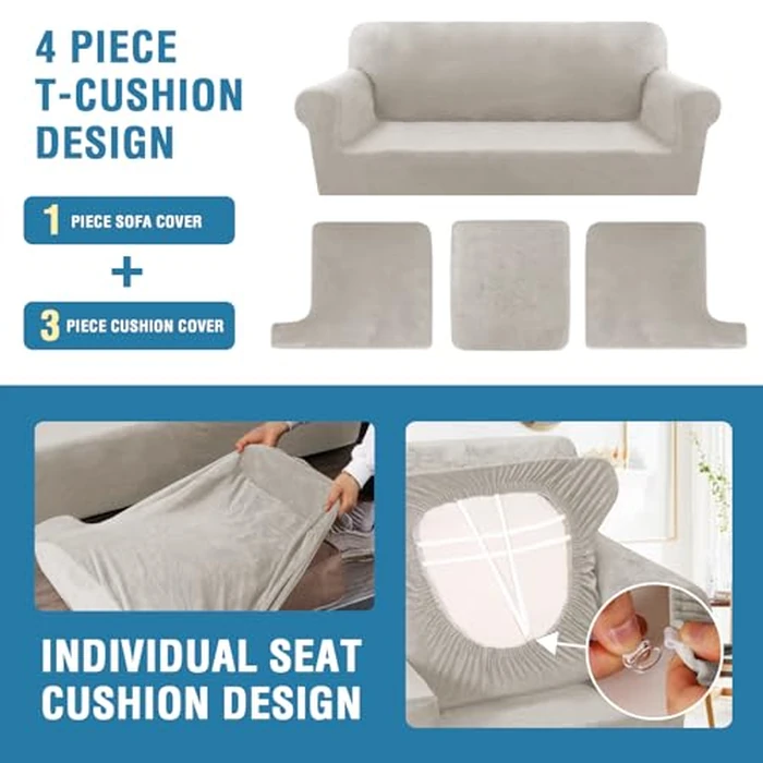 H.VERSAILTEX Sofa Cover 4 Piece T Cushion Sofa Slipcovers Thick Velvet Couch Cover Stretch T Cushion Sofa Covers for 3 Cushion Couch with 3 Individual T Cushion Covers Washable, Oatmeal by H.VERSAILTEX - Image 4