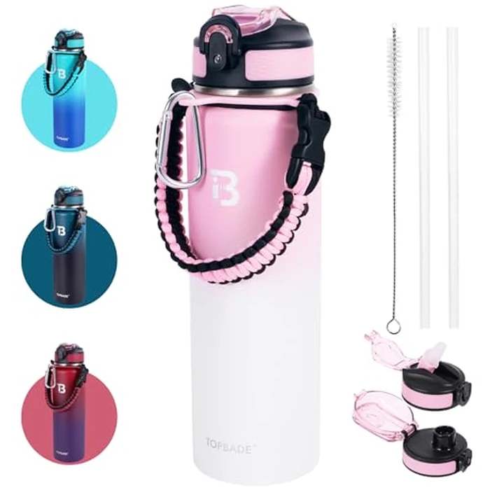 TOPBADE 32oz Insulated Sports Water Bottle 2 Lids(with Straw/No Straw), Stainless Steel Water Bottles with Paracord Handle, Vacuum Jug for Women Men Gym Fitness Outdoor PINK WHITE by TOPBADE - Used - Acceptable condition