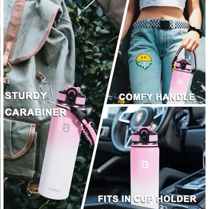 TOPBADE 32oz Insulated Sports Water Bottle 2 Lids(with Straw/No Straw), Stainless Steel Water Bottles with Paracord Handle, Vacuum Jug for Women Men Gym Fitness Outdoor PINK WHITE by TOPBADE - Image 2