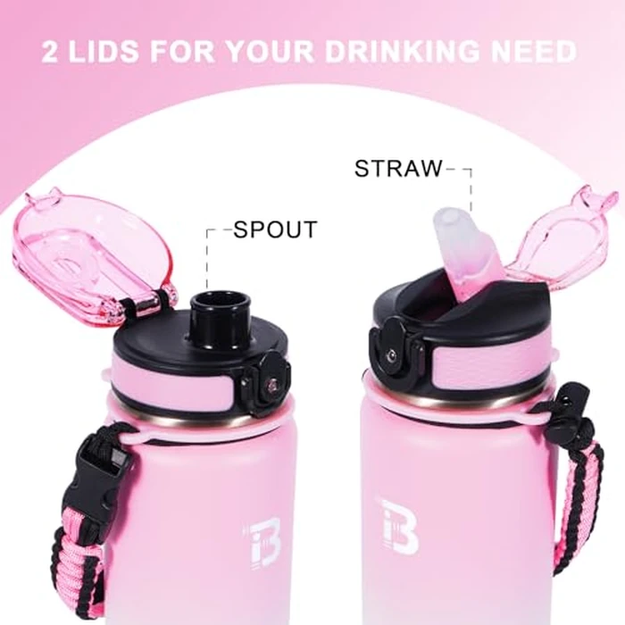 TOPBADE 32oz Insulated Sports Water Bottle 2 Lids(with Straw/No Straw), Stainless Steel Water Bottles with Paracord Handle, Vacuum Jug for Women Men Gym Fitness Outdoor PINK WHITE by TOPBADE - Image 3