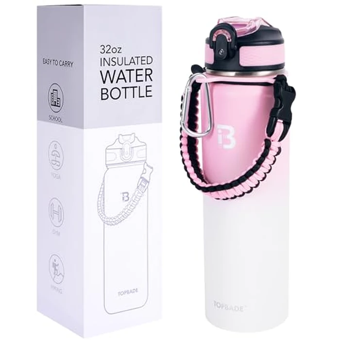 TOPBADE 32oz Insulated Sports Water Bottle 2 Lids(with Straw/No Straw), Stainless Steel Water Bottles with Paracord Handle, Vacuum Jug for Women Men Gym Fitness Outdoor PINK WHITE by TOPBADE - Image 7