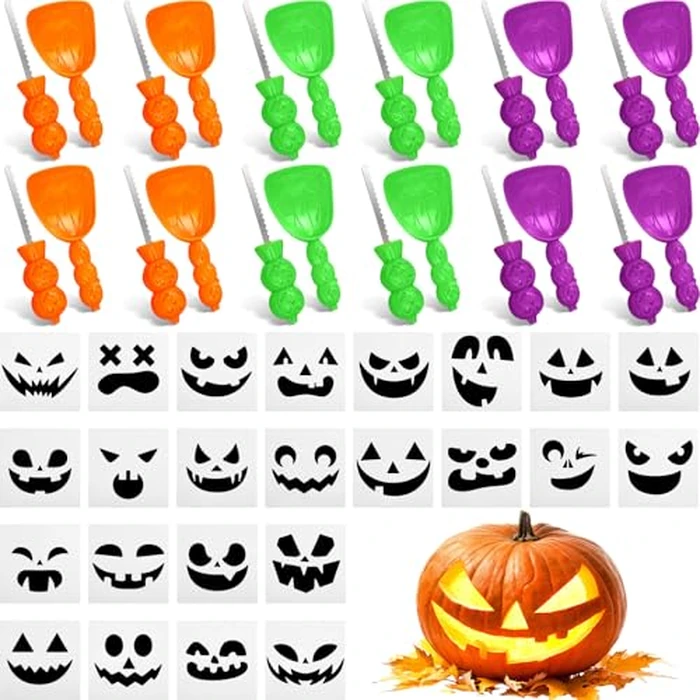 Teenyyou 48 pcs Halloween Pumpkin Carving Kit Professional Heavy Duty Carving Tools Set Included 12 Knife 12 Scoops 24 Stencils for Family Party Halloween Decorations (Green,Purple,Orange) by Teenyyou - Used - Like New condition - US$8.07
