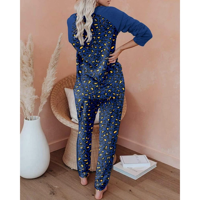 Ekouaer Women's Pajama Set Long Sleeve PJs 2 Piece Lounge Set Pullover Sleepwear Sweatshirt and Long Pants With Pockets Navy Blue Leopard Print S by Ekouaer - Image 3