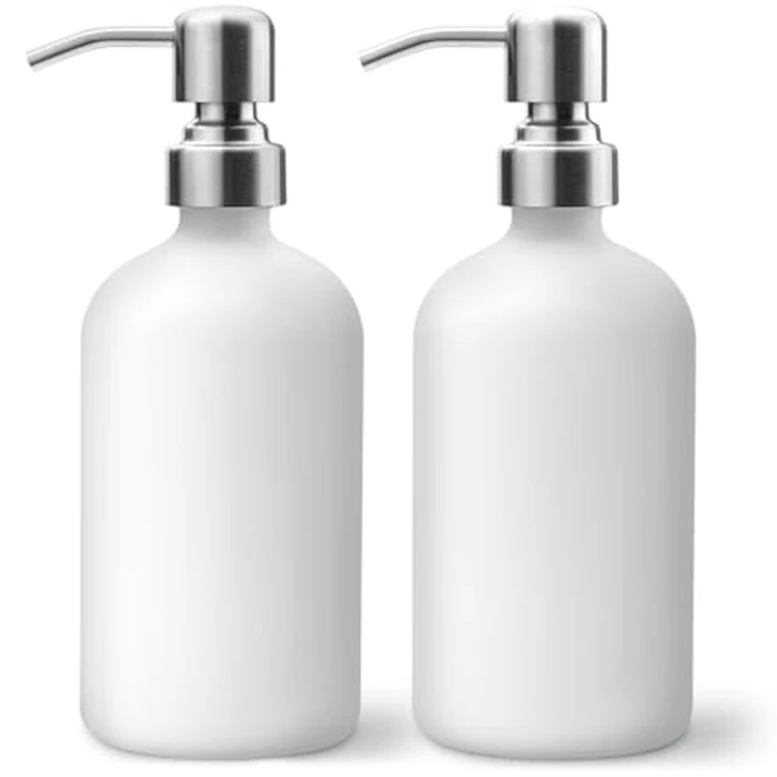 LavaPop Soap Dispenser Set (2 Pack, White), Stylish Glass Bottles w/Stainless Steel Pump & Non-Slip Silicone Coaster, Aesthetic Modern Liquid Hand Soap Dispensers for Kitchen & Bathroom by LavaPop by LavaPop - Used - Good condition - CA$21.21