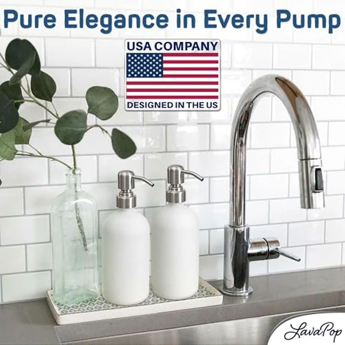 LavaPop Soap Dispenser Set (2 Pack, White), Stylish Glass Bottles w/Stainless Steel Pump & Non-Slip Silicone Coaster, Aesthetic Modern Liquid Hand Soap Dispensers for Kitchen & Bathroom by LavaPop by LavaPop - Image 3