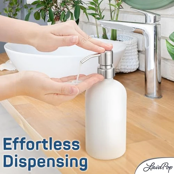 LavaPop Soap Dispenser Set (2 Pack, White), Stylish Glass Bottles w/Stainless Steel Pump & Non-Slip Silicone Coaster, Aesthetic Modern Liquid Hand Soap Dispensers for Kitchen & Bathroom by LavaPop by LavaPop - Image 4