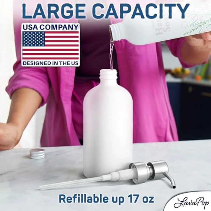 LavaPop Soap Dispenser Set (2 Pack, White), Stylish Glass Bottles w/Stainless Steel Pump & Non-Slip Silicone Coaster, Aesthetic Modern Liquid Hand Soap Dispensers for Kitchen & Bathroom by LavaPop by LavaPop - Image 5