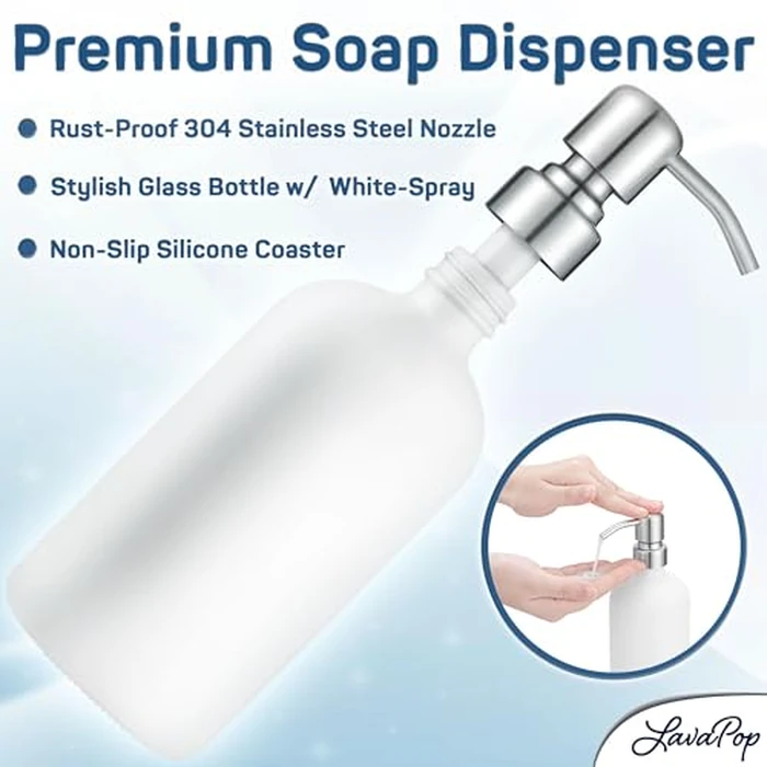 LavaPop Soap Dispenser Set (2 Pack, White), Stylish Glass Bottles w/Stainless Steel Pump & Non-Slip Silicone Coaster, Aesthetic Modern Liquid Hand Soap Dispensers for Kitchen & Bathroom by LavaPop by LavaPop - Image 7