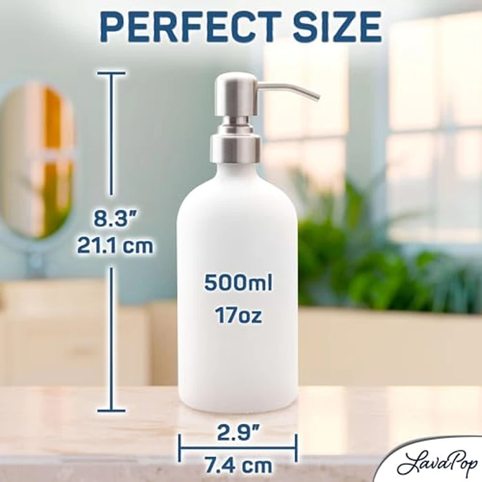 LavaPop Soap Dispenser Set (2 Pack, White), Stylish Glass Bottles w/Stainless Steel Pump & Non-Slip Silicone Coaster, Aesthetic Modern Liquid Hand Soap Dispensers for Kitchen & Bathroom by LavaPop by LavaPop - Image 9