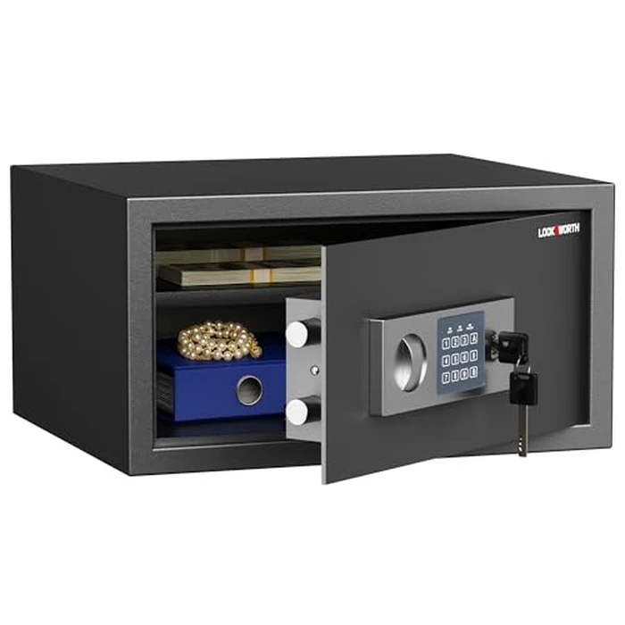 Locksworth Safe for Home, 1.0 Cubic Feet Safety Box, Lock Box for Money, Jewelry, Documents and Guns, Digital Security Safe for Office, Hotel and Personal Use, 16.9"W x 14.6"D x 9.25"H by Locksworth - Used - Good condition - US$48.61