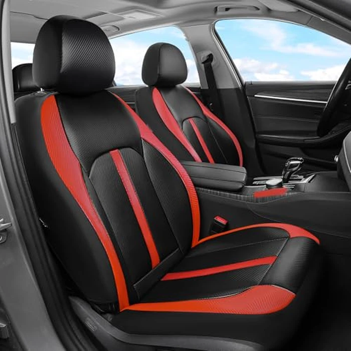 Coverado Leather Car Seat Covers Full Set & Carbon Fiber, Waterproof and Durable All Weather Protector, Universal Fit for SUV, Pickup Truck, Sedan, Automotive Vehicle Interior, Black&Red by Coverado - Image 2