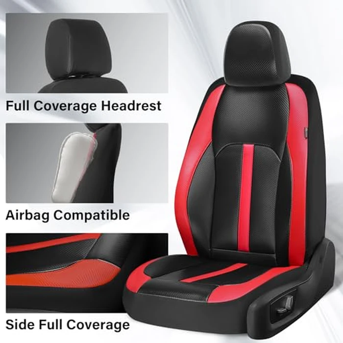 Coverado Leather Car Seat Covers Full Set & Carbon Fiber, Waterproof and Durable All Weather Protector, Universal Fit for SUV, Pickup Truck, Sedan, Automotive Vehicle Interior, Black&Red by Coverado - Image 4