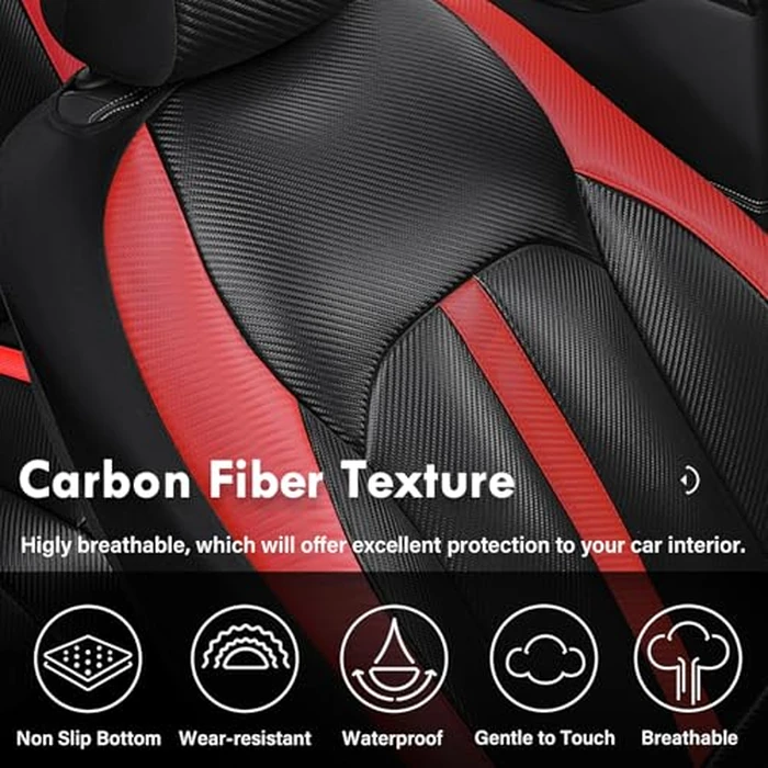 Coverado Leather Car Seat Covers Full Set & Carbon Fiber, Waterproof and Durable All Weather Protector, Universal Fit for SUV, Pickup Truck, Sedan, Automotive Vehicle Interior, Black&Red by Coverado - Image 5