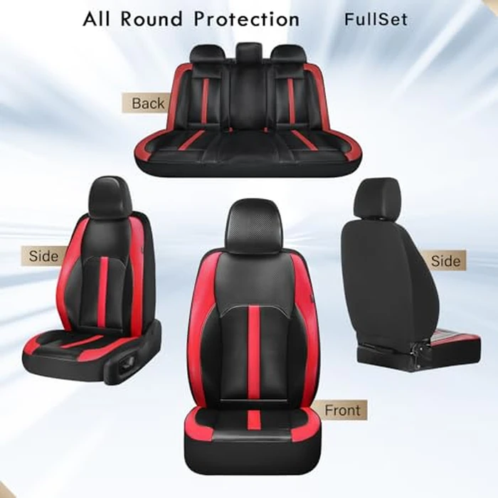 Coverado Leather Car Seat Covers Full Set & Carbon Fiber, Waterproof and Durable All Weather Protector, Universal Fit for SUV, Pickup Truck, Sedan, Automotive Vehicle Interior, Black&Red by Coverado - Image 7