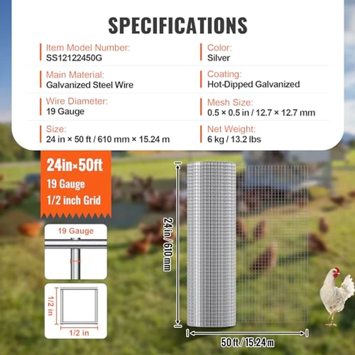 VEVOR Hardware Cloth, 1/2 inch 24in x 50 ft 19 Gauge, Hot Dipped Galvanized Wire Mesh Roll, Chicken Wire Fencing, Wire Mesh for Rabbit Cages, Garden, Small Rodents by VEVOR - Image 7