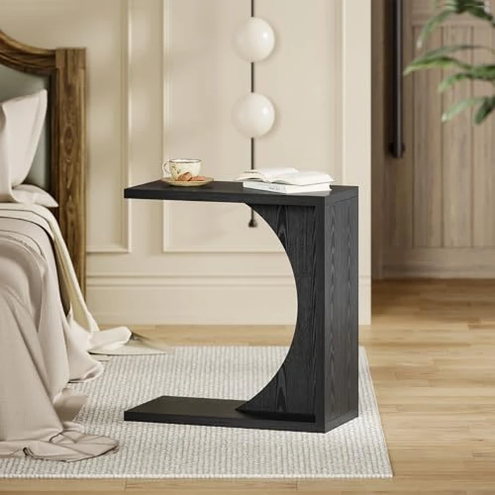 LITTLE TREE C-Shape End Table for Sofa & Bedroom - Small Side Table for Living Room, Over Couch Tray Stand for Laptop, Snacks, Books, Black, 1 Pack by LITTLE TREE - Image 2