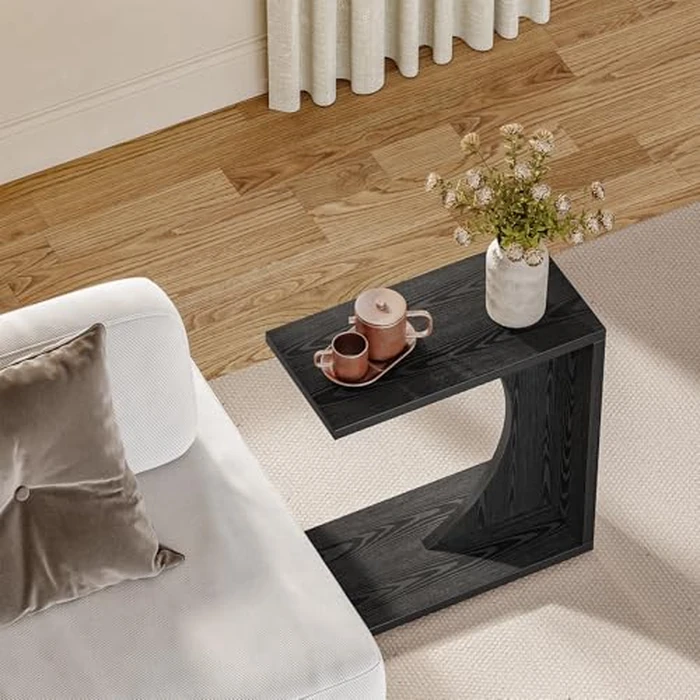 LITTLE TREE C-Shape End Table for Sofa & Bedroom - Small Side Table for Living Room, Over Couch Tray Stand for Laptop, Snacks, Books, Black, 1 Pack by LITTLE TREE - Image 5