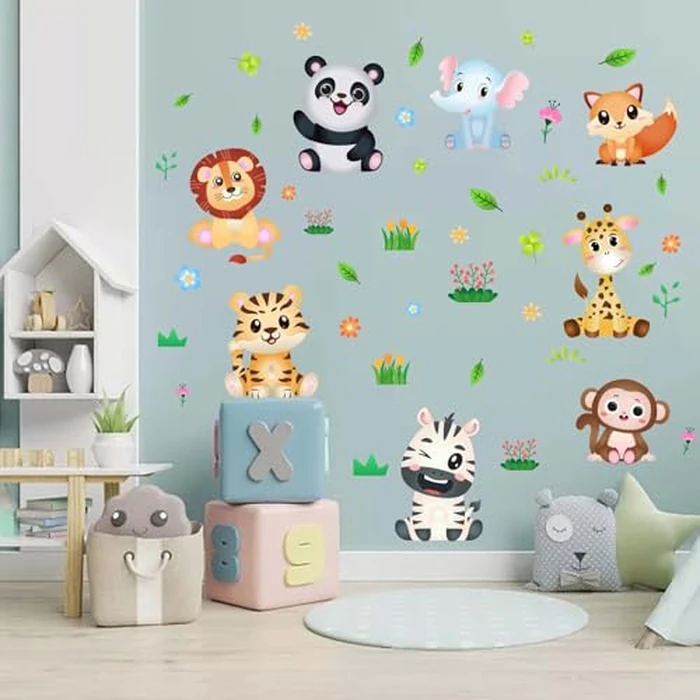 Amimagen Jungle Baby Animals Wall Decals - Monkey Elephant Giraffe Lion Tiger Fox Zebra Panda Wall Stickers - Nursery Kids Girls Boys Room Daycare Playroom Classroom Wall Decor by Amimagen - Used - Good condition - CA$11.83