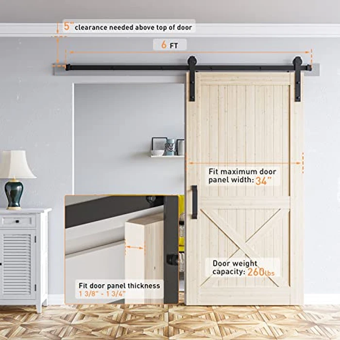 Signstek 6FT Sliding Barn Door Hardware Kit Heavy Duty with Door Hook and 2 Handles - Easy to Install -Smoothly and Quietly - Fit 1 3/8-1 3/4" Thickness -Black (I Shape Hanger) by Signstek - Image 2