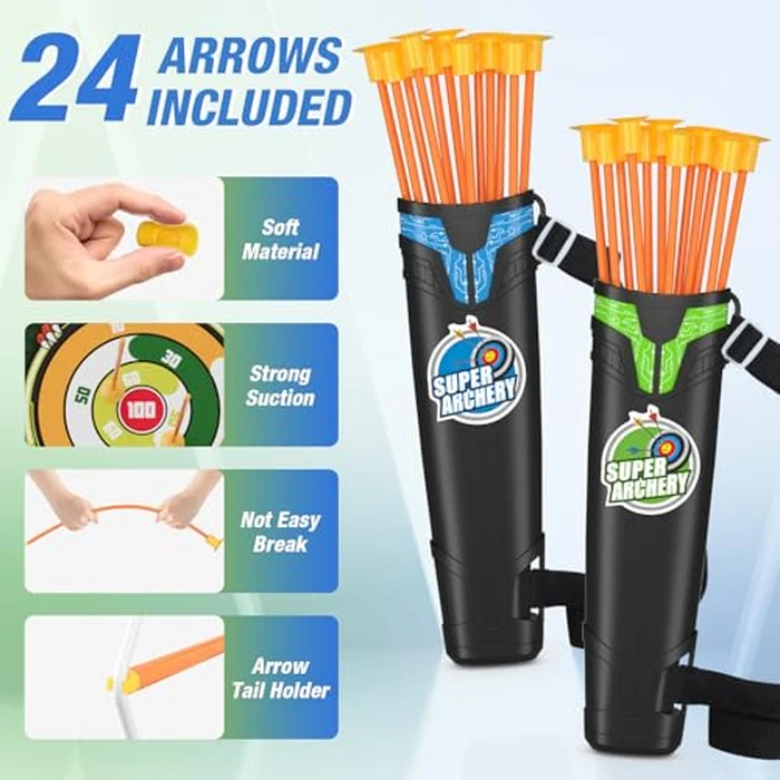 HYES 2 Pack Bow and Arrow for Kids, LED Light Up Archery Set with 24 Suction Cup Arrows, 1 Standing Target, 6 Score Targets & 2 Quiver, Indoor Outdoor Sport Gifts for Boys Girls Ages 4-8 by HYES - Image 3