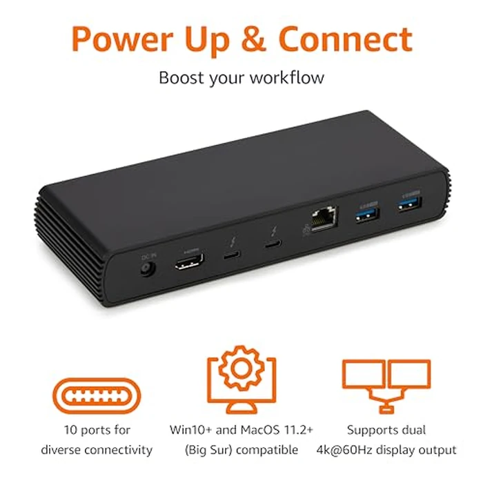 Amazon Basics Thunderbolt 4 Pro Docking Station, Dual 4K Monitor Support, 8K Display, 2xTBT4, 1xHDMI2.1, 3xUSB A 3.1, RJ45 Ethernet, Black, 7.86 x 2.95 x 1.23 inches by Amazon Basics - Image 3