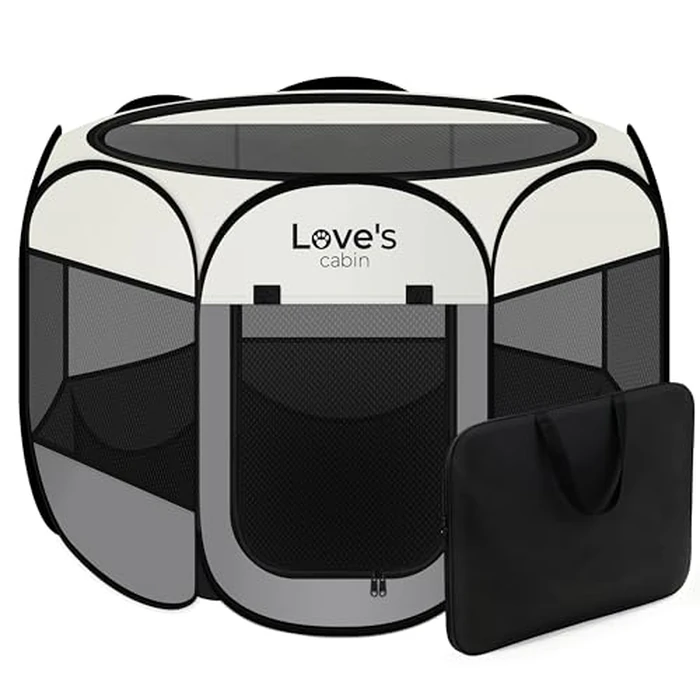 Love's cabin Pet Puppy Dog Playpen, Small Dog Tent Crates Cage Indoor/Outdoor, Portable Playpen for Cat, Foldable Pop Up Dog Kennel Playpen with Carring Case, Removable Zipper Top, Grey by Love's cabin - Used - Very Good condition - US$13.49