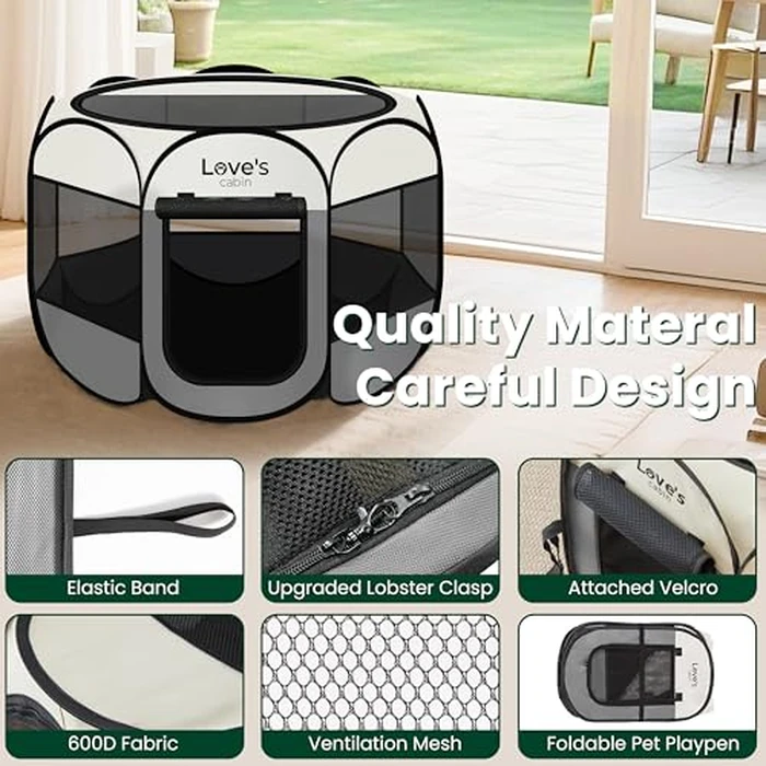 Love's cabin Pet Puppy Dog Playpen, Small Dog Tent Crates Cage Indoor/Outdoor, Portable Playpen for Cat, Foldable Pop Up Dog Kennel Playpen with Carring Case, Removable Zipper Top, Grey by Love's cabin - Image 5