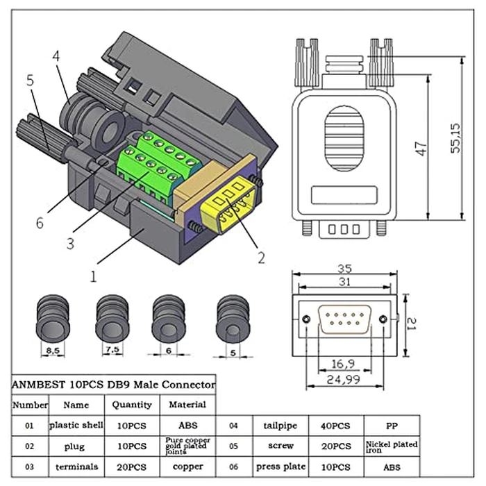 ANMBEST 10PCS DB9 Male Breakout Connector,DB9 Solderless RS232 D-SUB Serial to 9-pin Port Terminal Adapter Connector Breakout Board with Case Long Bolts Tail Pipe by ANMBEST - Image 3