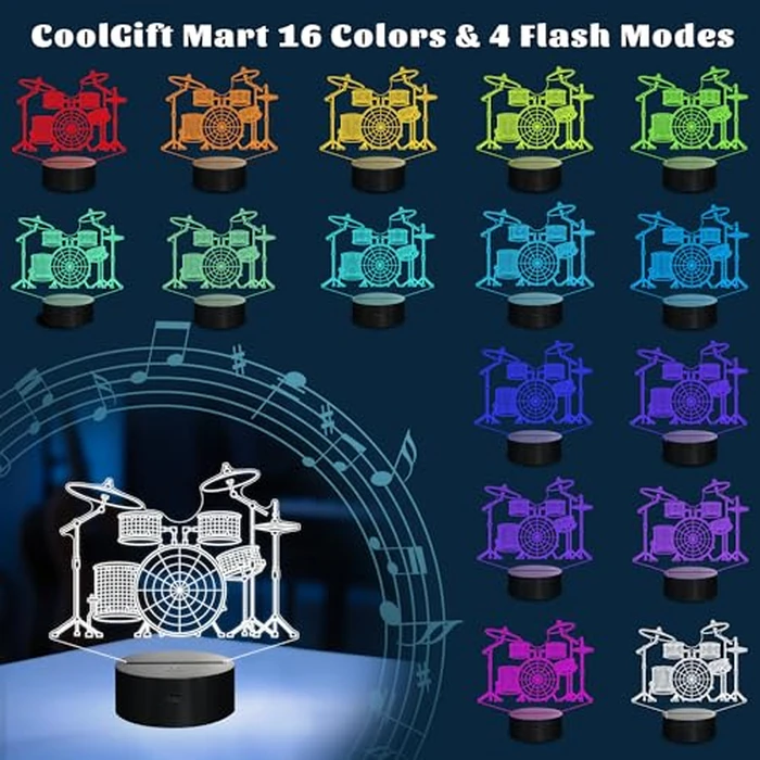 CoolGift Mart Drum kit Night Light, 3D LED Optical Illusion Lamp with 16 Colors and Remote Controller, Gifts for Drummers Music Lovers by CoolGift Mart - Image 2