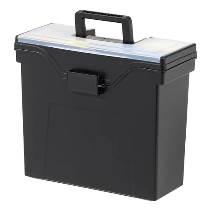 IRIS USA Portable File Box With Handle, Slim w/Organizer Lid, Plastic File Organizer Box for Letter Files, Hanging Filing Folder Organizer, Lockable, Secure Buckle, Black by IRIS USA - Image 1