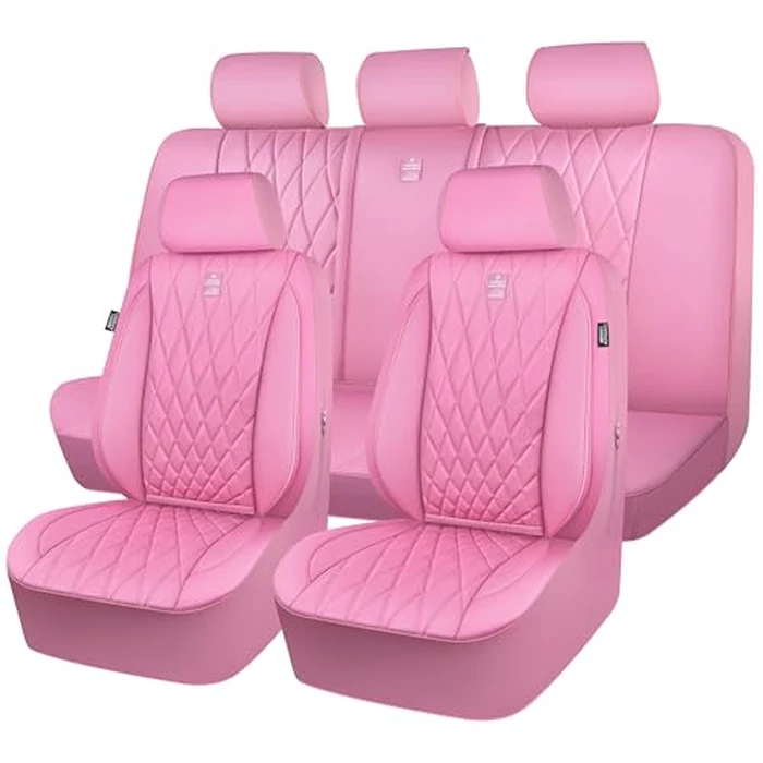 CAR PASS 5 Seats Piping Luxury Leather Seat Covers Full Set, Anti-Slip Waterproof Seat Covers Compatible with Front Armrests, Universal Fit for Suvs,Vans,Trucks,Airbag Compatible, Pure Pink by CAR PASS - Image 1
