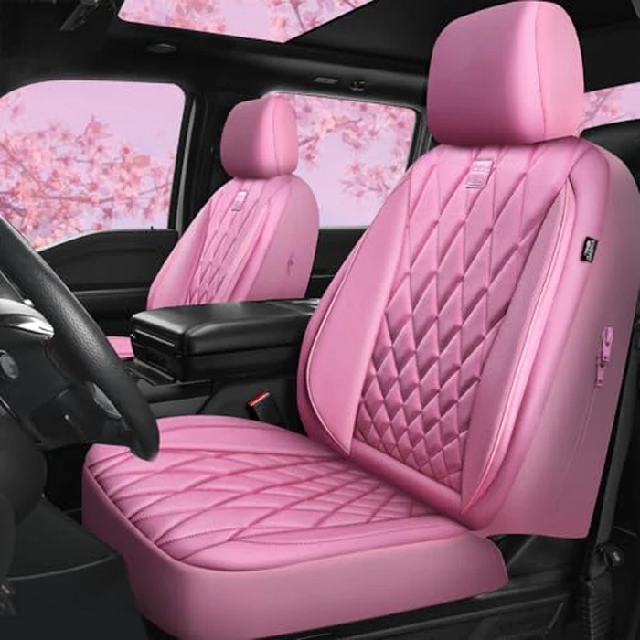 CAR PASS 5 Seats Piping Luxury Leather Seat Covers Full Set, Anti-Slip Waterproof Seat Covers Compatible with Front Armrests, Universal Fit for Suvs,Vans,Trucks,Airbag Compatible, Pure Pink by CAR PASS - Image 3