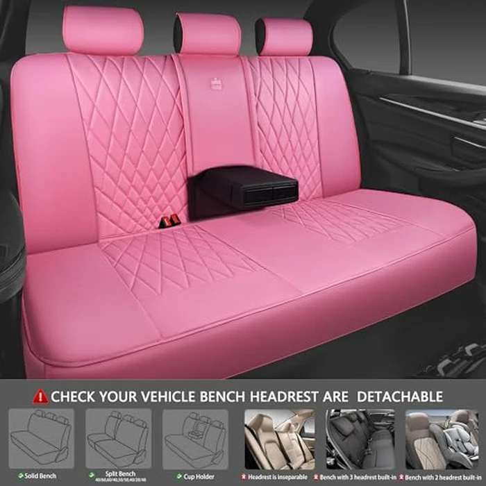 CAR PASS 5 Seats Piping Luxury Leather Seat Covers Full Set, Anti-Slip Waterproof Seat Covers Compatible with Front Armrests, Universal Fit for Suvs,Vans,Trucks,Airbag Compatible, Pure Pink by CAR PASS - Image 4