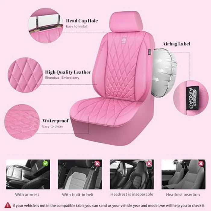 CAR PASS 5 Seats Piping Luxury Leather Seat Covers Full Set, Anti-Slip Waterproof Seat Covers Compatible with Front Armrests, Universal Fit for Suvs,Vans,Trucks,Airbag Compatible, Pure Pink by CAR PASS - Image 5