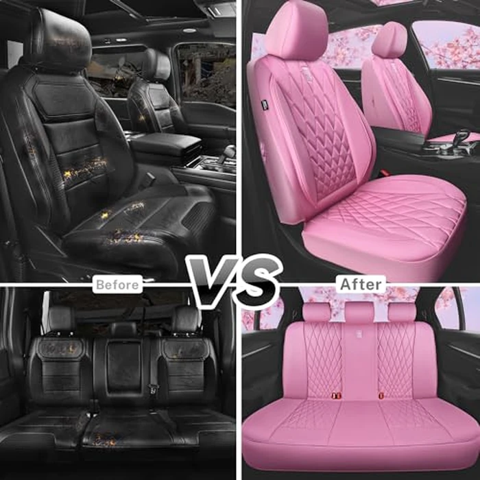 CAR PASS 5 Seats Piping Luxury Leather Seat Covers Full Set, Anti-Slip Waterproof Seat Covers Compatible with Front Armrests, Universal Fit for Suvs,Vans,Trucks,Airbag Compatible, Pure Pink by CAR PASS - Image 6