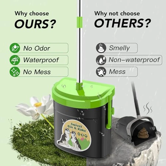 UPSKY Dog Pooper Scooper Swivel Bin & Rake Kit with 100 Waste Bags,33.4" Stainless Steel Long Handle Heavy Duty Pet Poop Shovel for Large Medium Small Dogs, Odor-Proof Lid for Yard/Lawn/Outdoor Use by UPSKY - Image 3