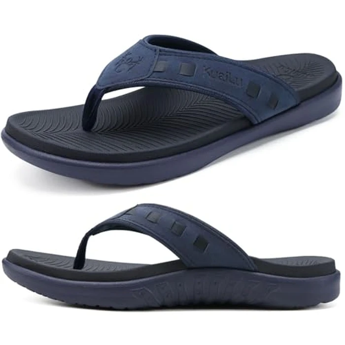 KuaiLu Mens Leather Sport Flip Flops Comfort Orthotic Thong Sandals with Plantar Fasciitis Arch Support for Outdoor Summer by KuaiLu - Image 1