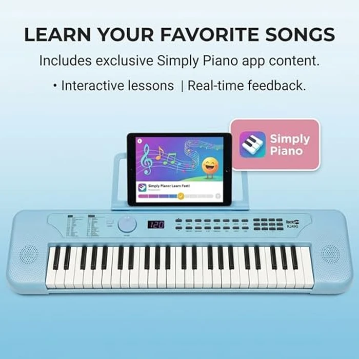 RockJam 49 Key Keyboard Piano, Portable Electronic Music Keyboard with Speakers, USB-C Power or Battery Operation, Headphone Input, 200 Tones, 200 Rhythms, Note Stickers & Lessons by RockJam - Image 2