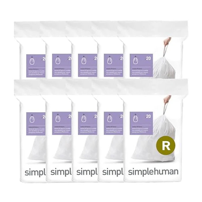 simplehuman Code R 200 Count, Dispenser Pack Custom Fit Liners, Drawstring Trash Bags, 10L / 2.6 Gallons, White by simplehuman - Used - Good condition - CA$39.36