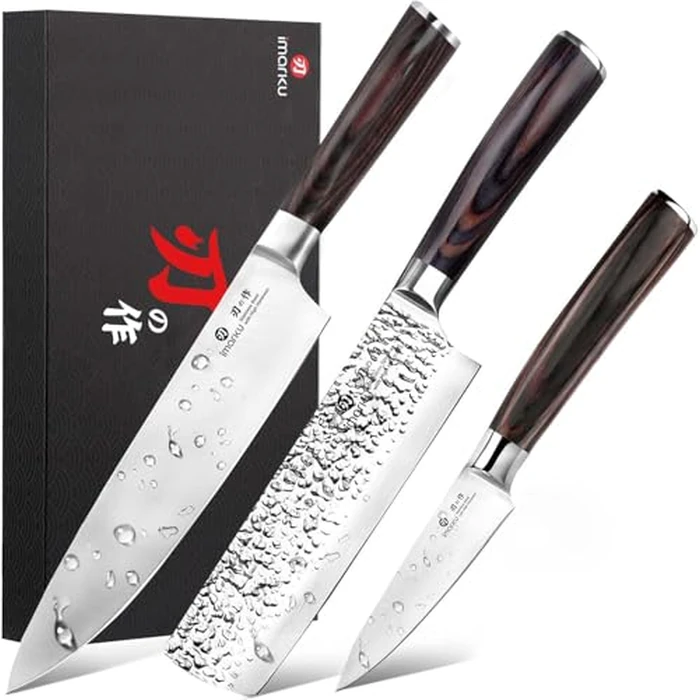 imarku 3 Pieces Knife set, Japanese HC Stainless Steel Kitchen Knife Set, Professional Chef Knife Set With Ergonomic Pakkawood Handle, Ultra Sharp Knives Set for Kitchen & Home Cooking, Gifts Box by imarku - Used - Acceptable condition