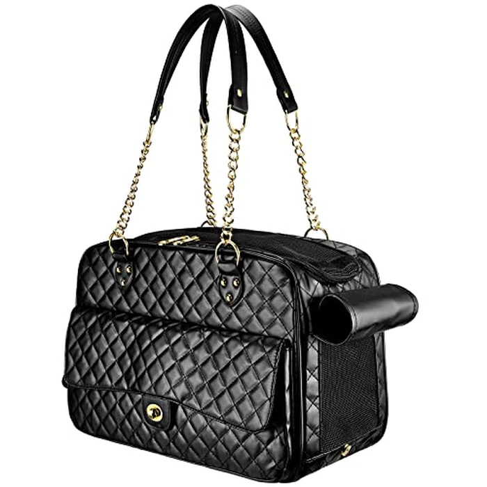 NewEle Fashion Dog Purse Carrier for Small Dogs with Large Pockets, Holds Up to 8lbs Quality PU Leather Pet Carrier, Cat Carrier, Airline Approved Puppy Purse Carrier for Travel (Black, Small Size) by NewEle - Image 1