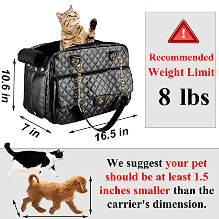 NewEle Fashion Dog Purse Carrier for Small Dogs with Large Pockets, Holds Up to 8lbs Quality PU Leather Pet Carrier, Cat Carrier, Airline Approved Puppy Purse Carrier for Travel (Black, Small Size) by NewEle - Image 3