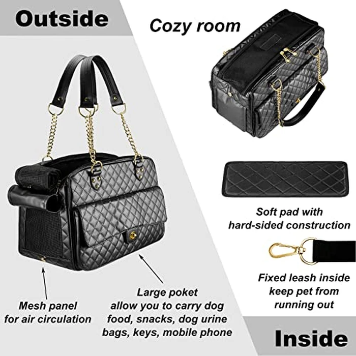 NewEle Fashion Dog Purse Carrier for Small Dogs with Large Pockets, Holds Up to 8lbs Quality PU Leather Pet Carrier, Cat Carrier, Airline Approved Puppy Purse Carrier for Travel (Black, Small Size) by NewEle - Image 4