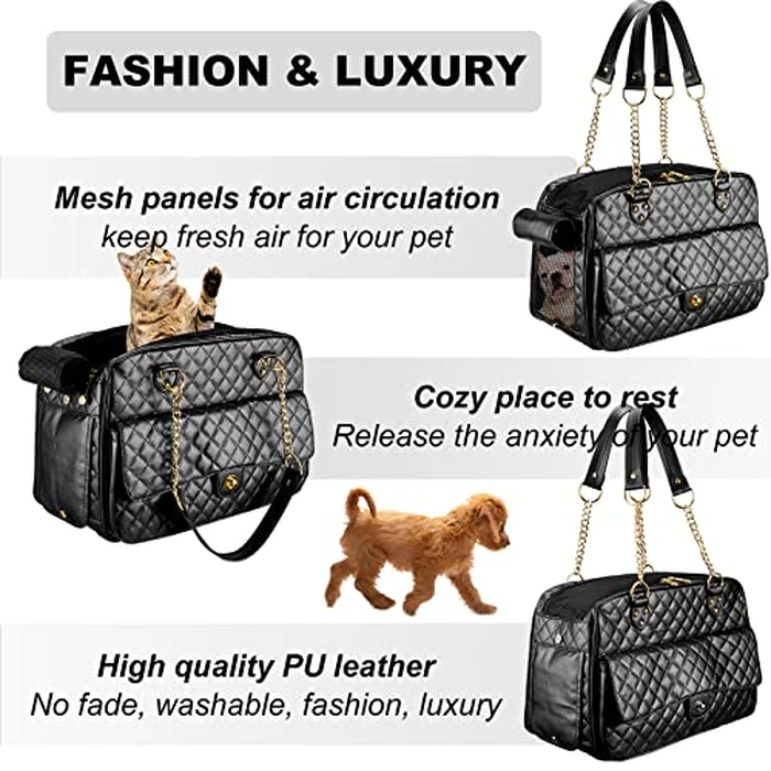 NewEle Fashion Dog Purse Carrier for Small Dogs with Large Pockets, Holds Up to 8lbs Quality PU Leather Pet Carrier, Cat Carrier, Airline Approved Puppy Purse Carrier for Travel (Black, Small Size) by NewEle - Image 5