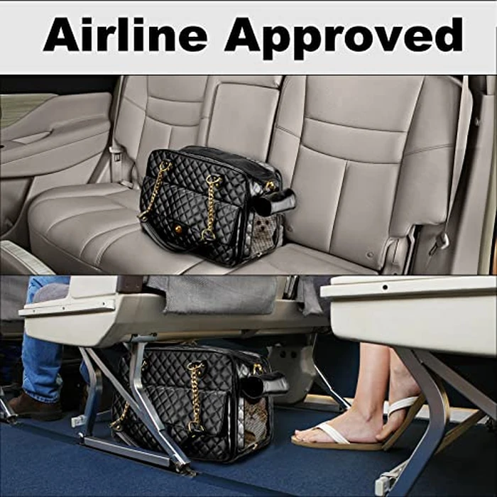 NewEle Fashion Dog Purse Carrier for Small Dogs with Large Pockets, Holds Up to 8lbs Quality PU Leather Pet Carrier, Cat Carrier, Airline Approved Puppy Purse Carrier for Travel (Black, Small Size) by NewEle - Image 6