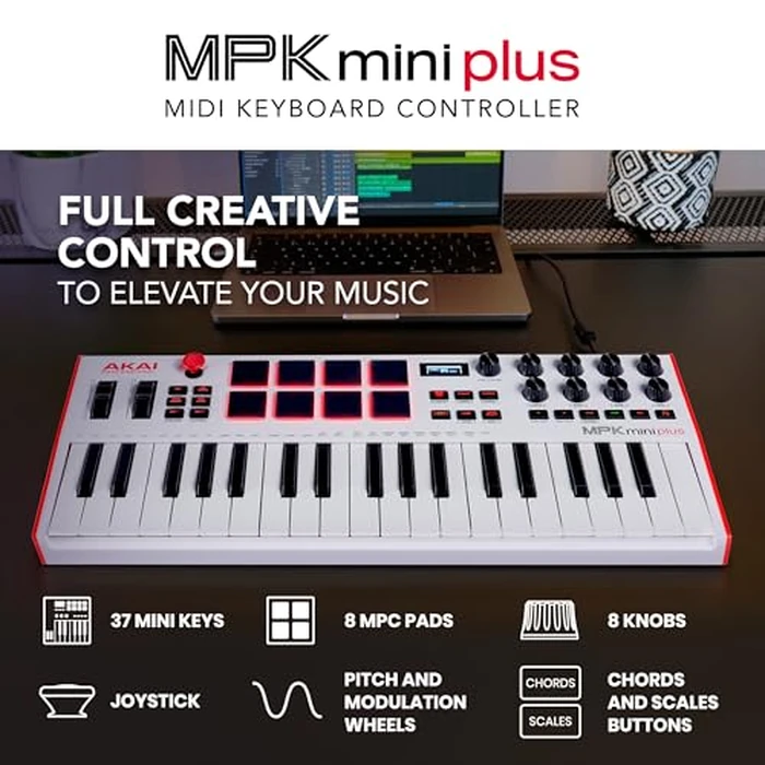 Akai Professional MPK Mini Plus - USB MIDI Keyboard Controller with 37 Mini Keys, 8 MPC Pads, Sequencer, MIDI/CV/Gate I/O and Native Instruments Sound Package, White Limited Edition by Akai Professional - Image 2