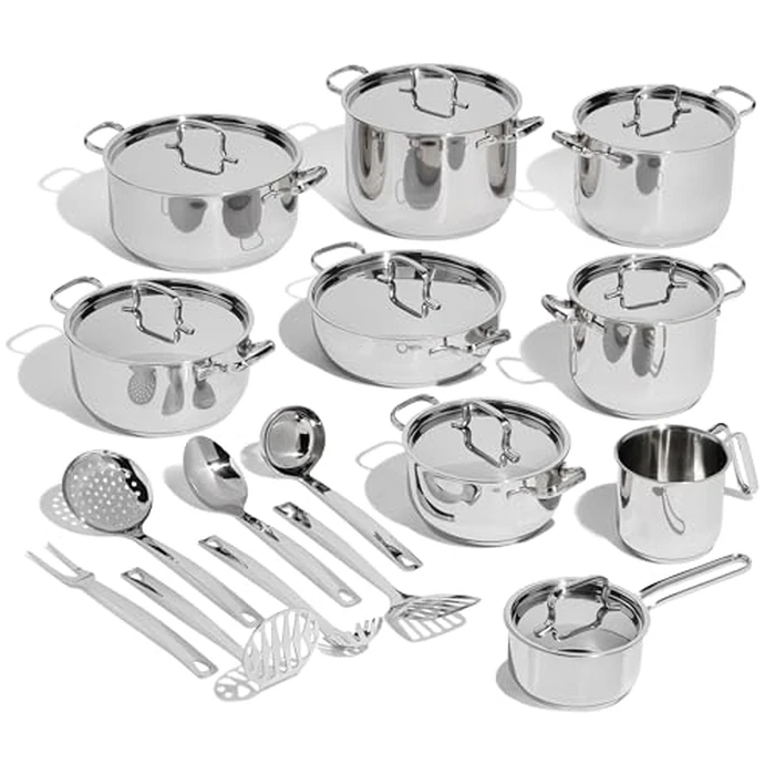 Lagostina Sfiziosa, 24 pc Cookware Set, Stainless Steel Pots and Pans, 3 stockpots, 3 stew pots, 1 Saute pan, 1 Saucepan, 1 Milk Pot, Eight lids, Seven Utensils, Induction Safe, Oven Safe 400 degreesF by Lagostina - Used - Very Good condition - CA$321.49
