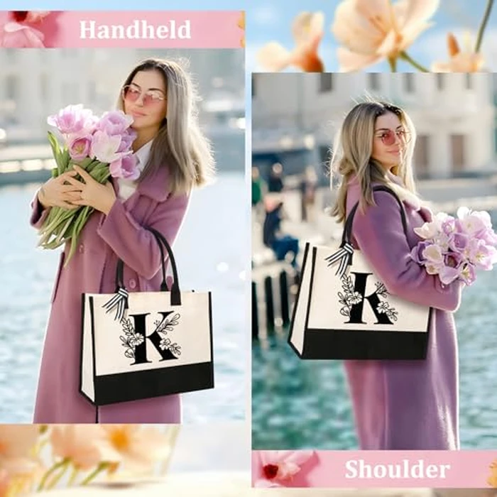 Tecanne Personalized Initial Canvas Tote Bag, Suitable for Birthday, Wedding, Beach, Holiday, Gifts for Women, Mom, Teachers, Nurses, Best Friends, Bridesmaids (K) by Tecanne - Image 2