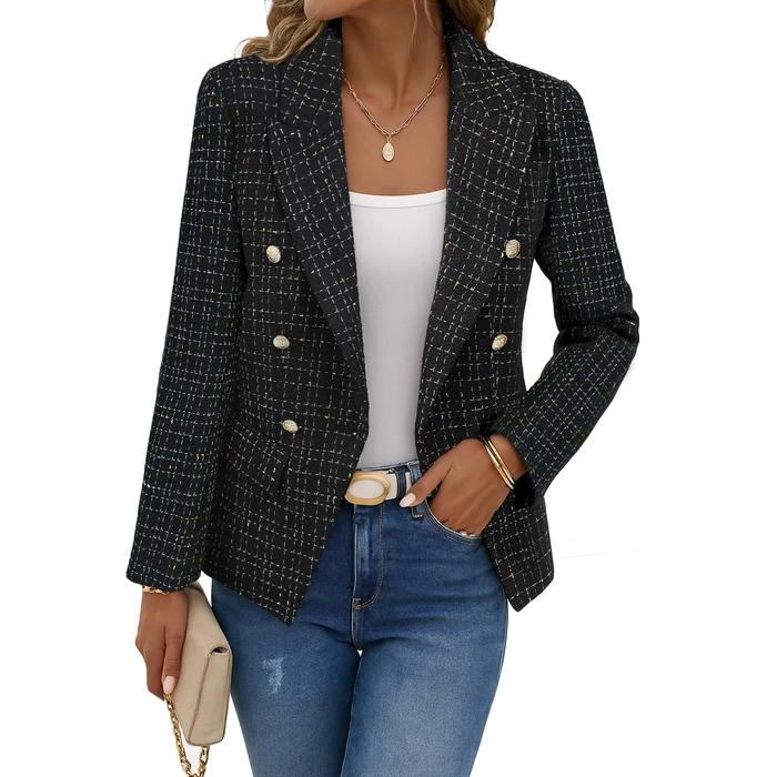 Mina Self Tweed Blazer Jackets for Women Plaid 2024 Fall Lightweight Womens Fashion Dressy Business Casual Petite Lady Ladies Winter Blazers Jacket Black 2-P/HS S by Mina Self - Image 1