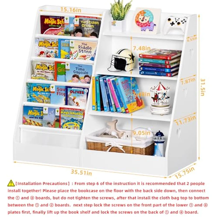 Lerliuo 4 Tier Kids Bookshelf and Storage Organizer, Five Layer Sling Children Bookcase, Baby Toddler Wooden Book Shelf, White Display Cabinet for Playroom, Bedroom, Classroom, Nursery, School by Lerliuo - Image 2